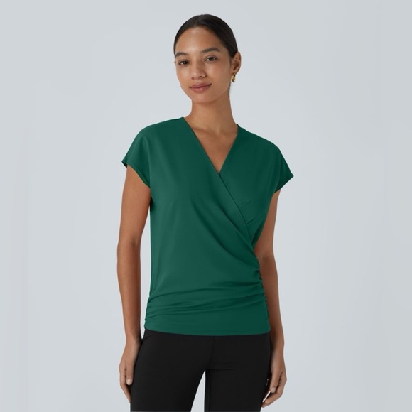 HALARA Tops - Halara V Neck Cap Sleeve Crossover Ruched Solid Work Blouse small